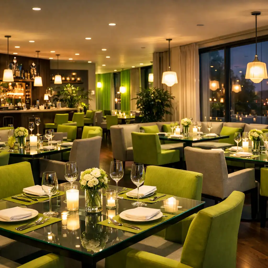 Elegantní interiér restaurace Bohemia Events s moderním osvětlením a zelenými akcenty