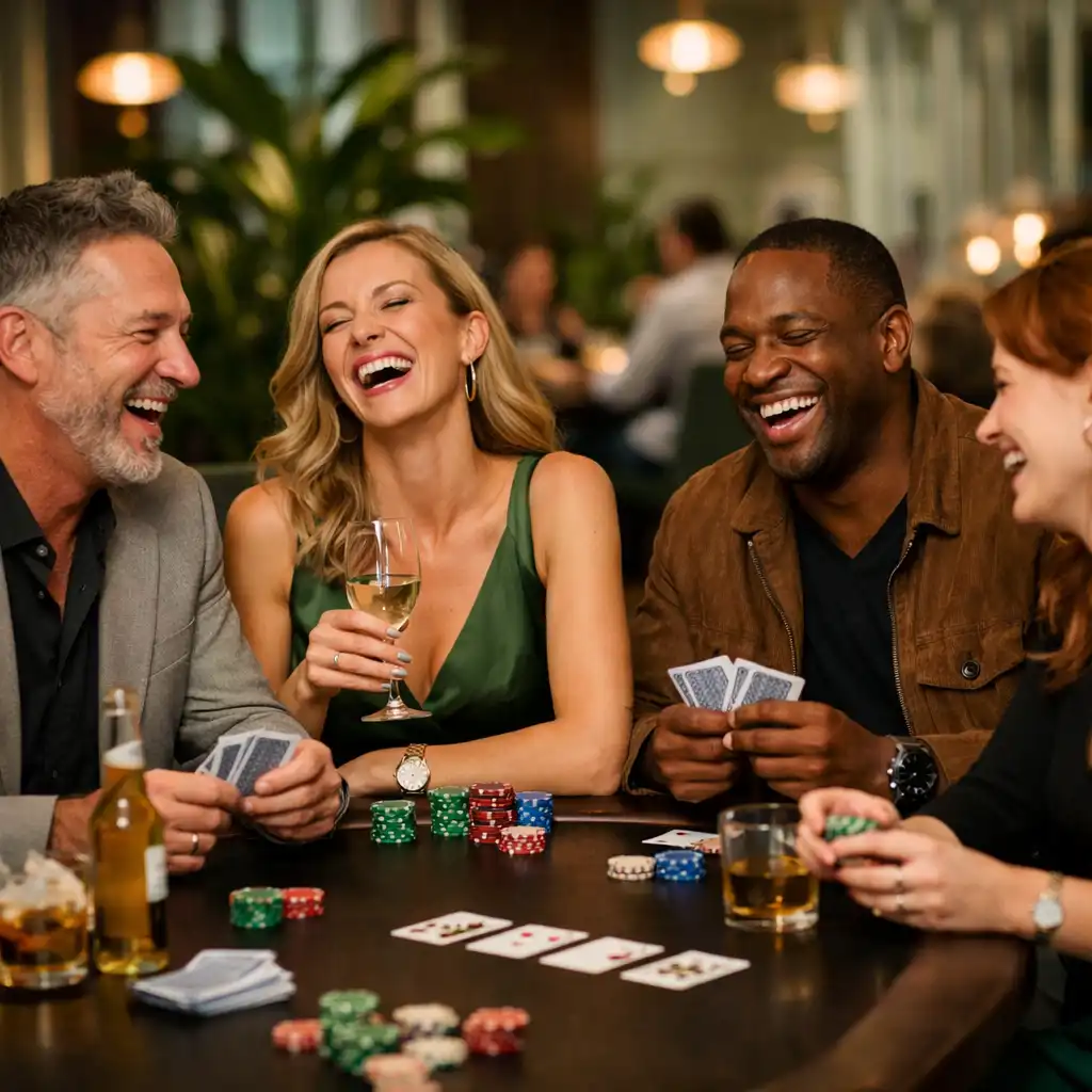 Skupina přátel se směje u pokerového stolu během večera v Bohemia Events