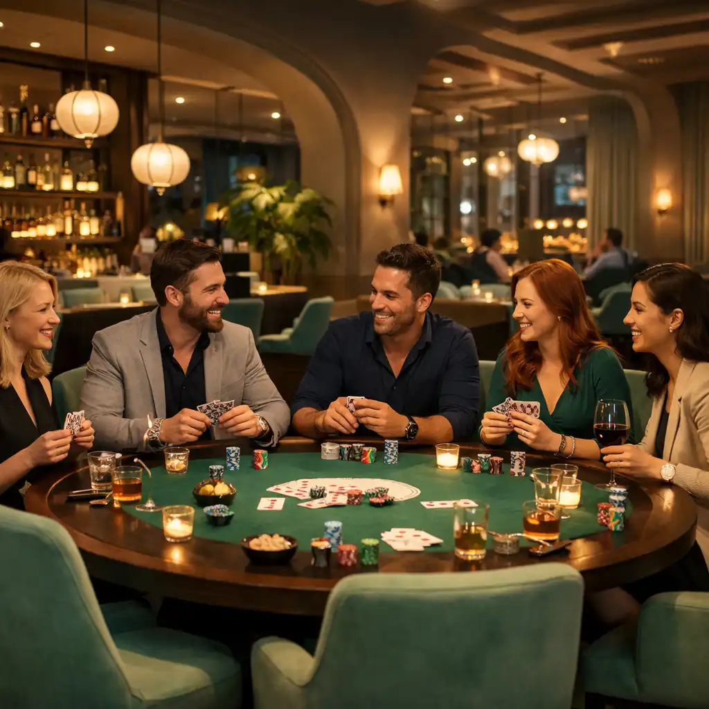 Elegantní pokerový stůl v Bohemia Events se zelenými akcenty a atmosférickým osvětlením