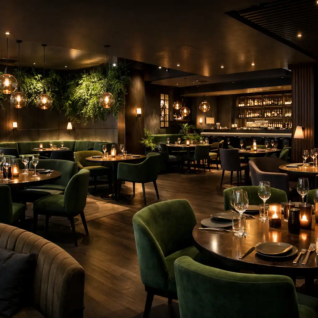 Panoramatický pohled na interiér restaurace Bohemia Events s moderním osvětlením a zelenými akcenty.