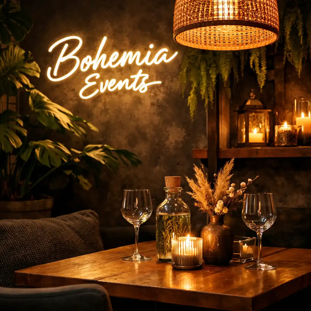 Interiér restaurace Bohemia Events s moderním osvětlením a zelenými akcenty