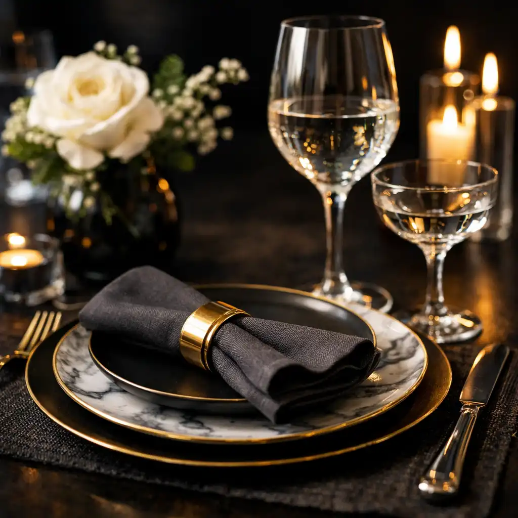 Detailně prostřený stůl s elegantní dekorací v Bohemia Events